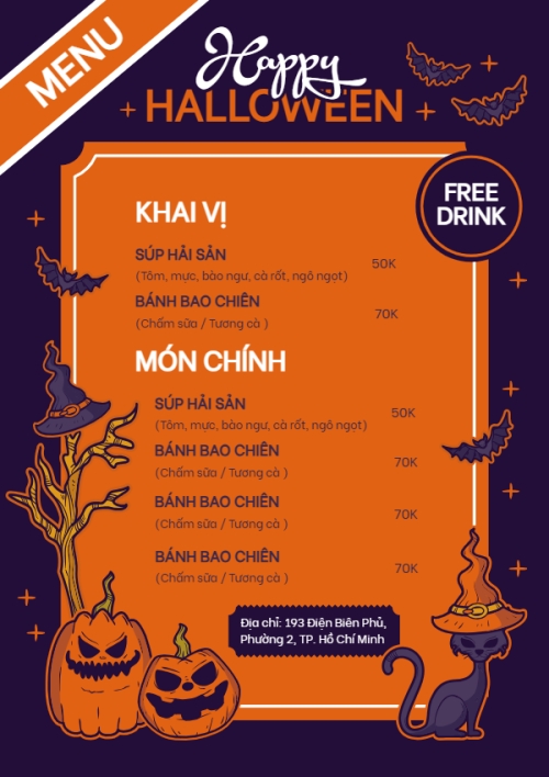 Mẫu thiết kế Menu tờ rời (dọc) Halloween, lễ hội ma quái, sự kiện, event, nước uống, drink, food, ẩm thực, dễ thương, cute, chibi, hoạt hình, cartoon 1761349819