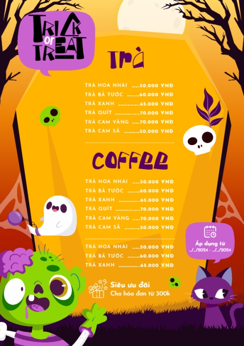 Mẫu thiết kế Menu tờ rời (dọc) Halloween, lễ hội ma quái, nước uống, drink, ẩm thực, food, dễ thương, cute, chibi, hoạt hình, cartoon 1761349819