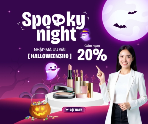 Mẫu thiết kế Bài đăng Facebook (ngang) Halloween, lễ hội ma quái, thẩm mỹ, cosmetic, beauty, làm đẹp, sự kiện, event, dễ thương, cute, chibi, hoạt hình, cartoon	 1761379171