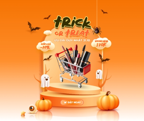 Mẫu thiết kế Bài post MXH ngang Halloween, lễ hội ma quái, thẩm mỹ, cosmetic, beauty, làm đẹp, sự kiện, event, dễ thương, cute, chibi, hoạt hình, cartoon	 1765240191