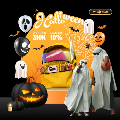 Mẫu thiết kế Bài post MXH vuông Halloween, giáo dục, education, balo, dụng cụ học tập, dễ thương, cute, chibi, hoạt hình, cartoon 1769680908