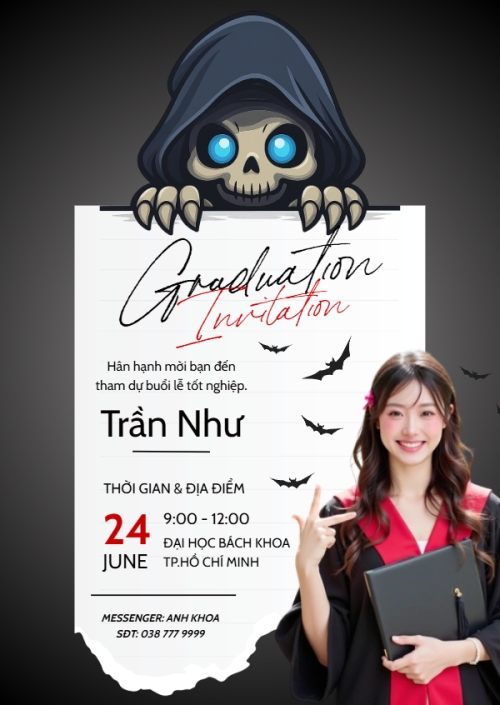 Mẫu thiết kế Thư mời Halloween, tốt nghiệp,  graduate, lễ hội ma quái, sự kiện, event, dễ thương, cute, chibi, hoạt hình, cartoon 1770453433