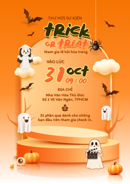 Mẫu thiết kế Thư mời Halloween, lễ hội ma quái, sự kiện, event, dễ thương, cute, chibi, hoạt hình, cartoon	 1773671152
