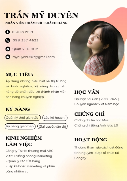 Mẫu thiết kế Hồ sơ xin việc Chăm sóc khác hàng, customer care, F&B, văn phòng, hiện đại, đơn giản, simple, minimalist, tối giản 1773670050