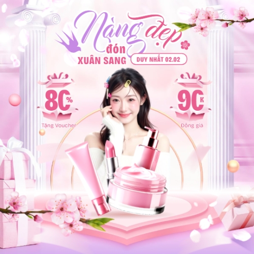 Mẫu thiết kế Bài post MXH vuông Nàng đẹp đón xuân sang duy nhất 02.02 1777143374