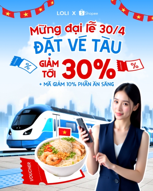 Mẫu thiết kế Bài post MXH dọc Mừng đại lễ 30/4 đặt vé tàu giảm tới 30% 1776790497