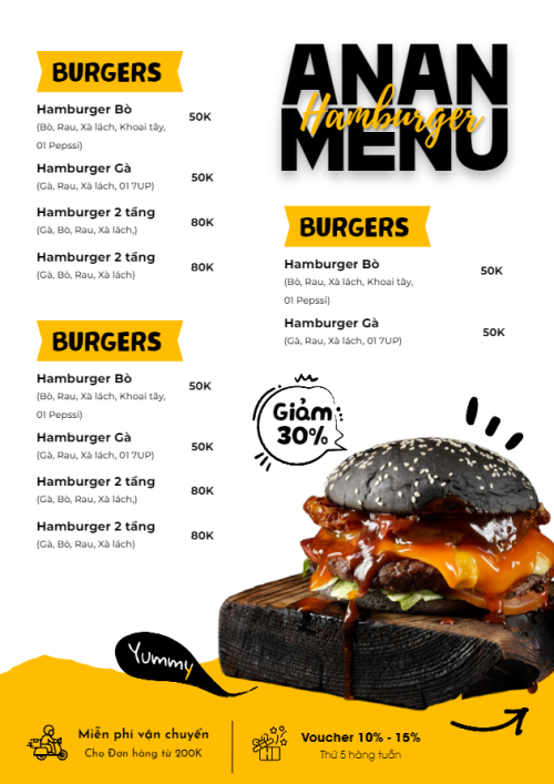 Mẫu thiết kế Menu tờ rời (dọc) Đồ ăn, food, thực phẩm, ẩm thực, món ăn, F&B, nhà hàng, thức ăn, hamburger 1777892415