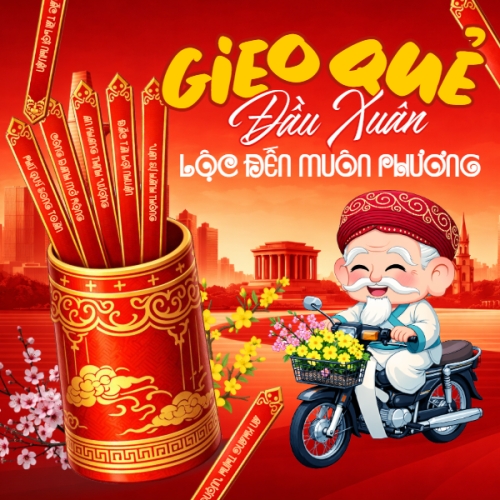 Mẫu thiết kế Bài post MXH vuông Gieo quẻ đầu xuân lộc đến muôn phương 1778442329