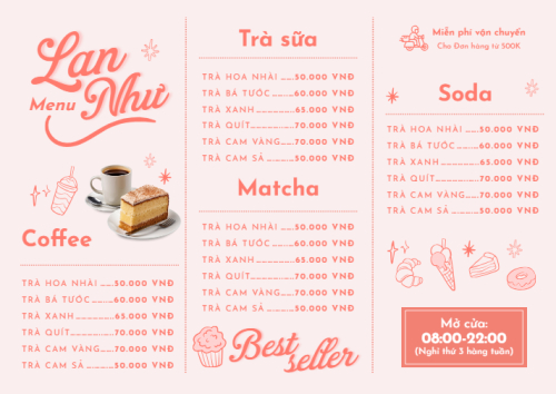 Mẫu thiết kế Menu tờ rời (ngang) Nước uống, juice, giải khát, F&B, drink, nước ép, smoothie, sinh tố, cooktail, bar, trà sữa, milktea 1778446397