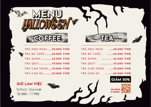 Mẫu thiết kế Menu tờ rời (ngang) Halloween, lễ hội ma quái, nước uống, drink, ẩm thực, food, dễ thương, cute, chibi, hoạt hình, cartoon 1778446397