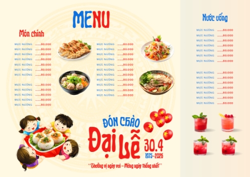 Mẫu thiết kế Menu tờ rời (ngang) Đón chào Đại Lễ 30/4 1778455465