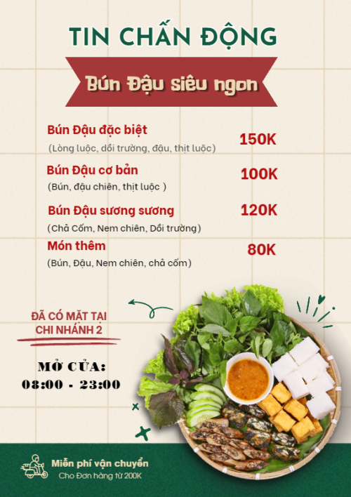 Mẫu thiết kế Menu tờ rời (dọc) Đồ ăn, food, thực phẩm, ẩm thực, món ăn, F&B, nhà hàng, thức ăn, bún đậu 1780250088