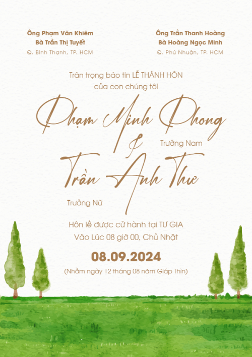 Mẫu thiết kế Ruột thiệp cưới Đồng xanh, hoa lá, thiên nhiên, floral, màu nước, watercolor 1780427053