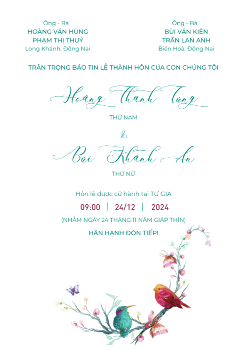 Mẫu thiết kế Ruột thiệp cưới Primavera, dễ thương, cute, chibi, hoạt hình, động vật, bird 1780431487
