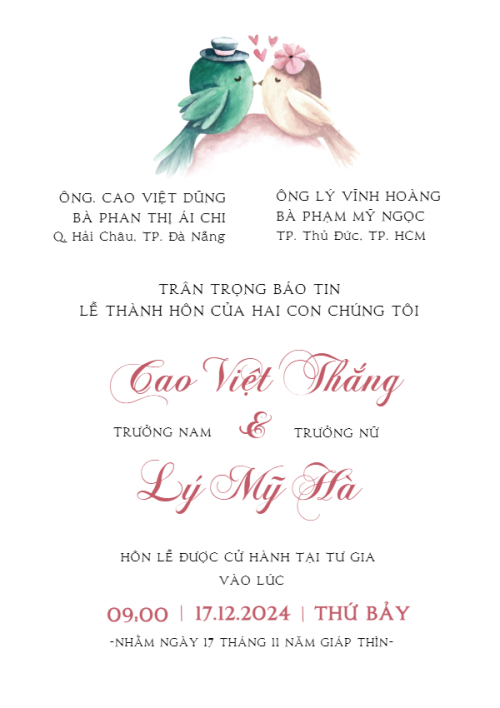 Mẫu thiết kế Ruột thiệp cưới Sweet Love, cổ điển, vintage, retro, classic, chim, động vật, dễ thương 1780431487