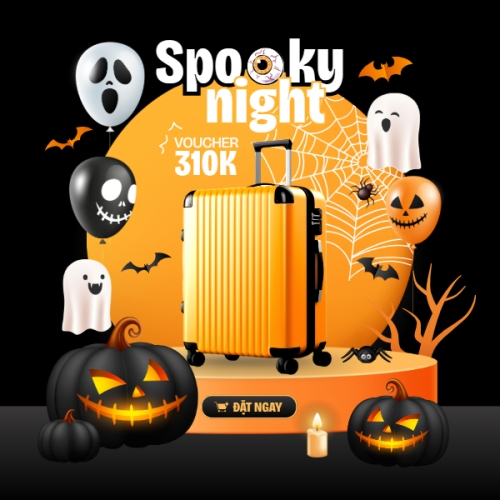 Mẫu thiết kế Bài post MXH vuông Halloween, lễ hội, festival, vali, du lịch, travel, hành lí, dễ thương, cute, chibi, hoạt hình, cartoon 1781692104