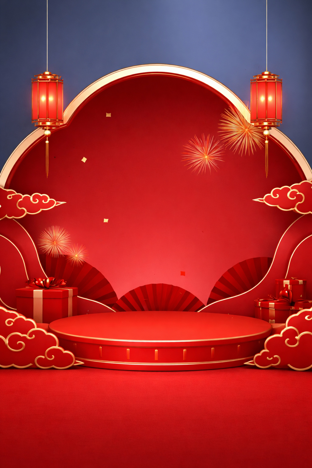 Sân khấu tròn tết, bục trưng bày, đèn lồng, mây ngũ sắc, hộp quà, quạt giấy, pháo hoa, đỏ và xanh dương, lễ hội, tết nguyên đán, round lunar new year stage, podium, lantern, lucky clouds, gift box 7